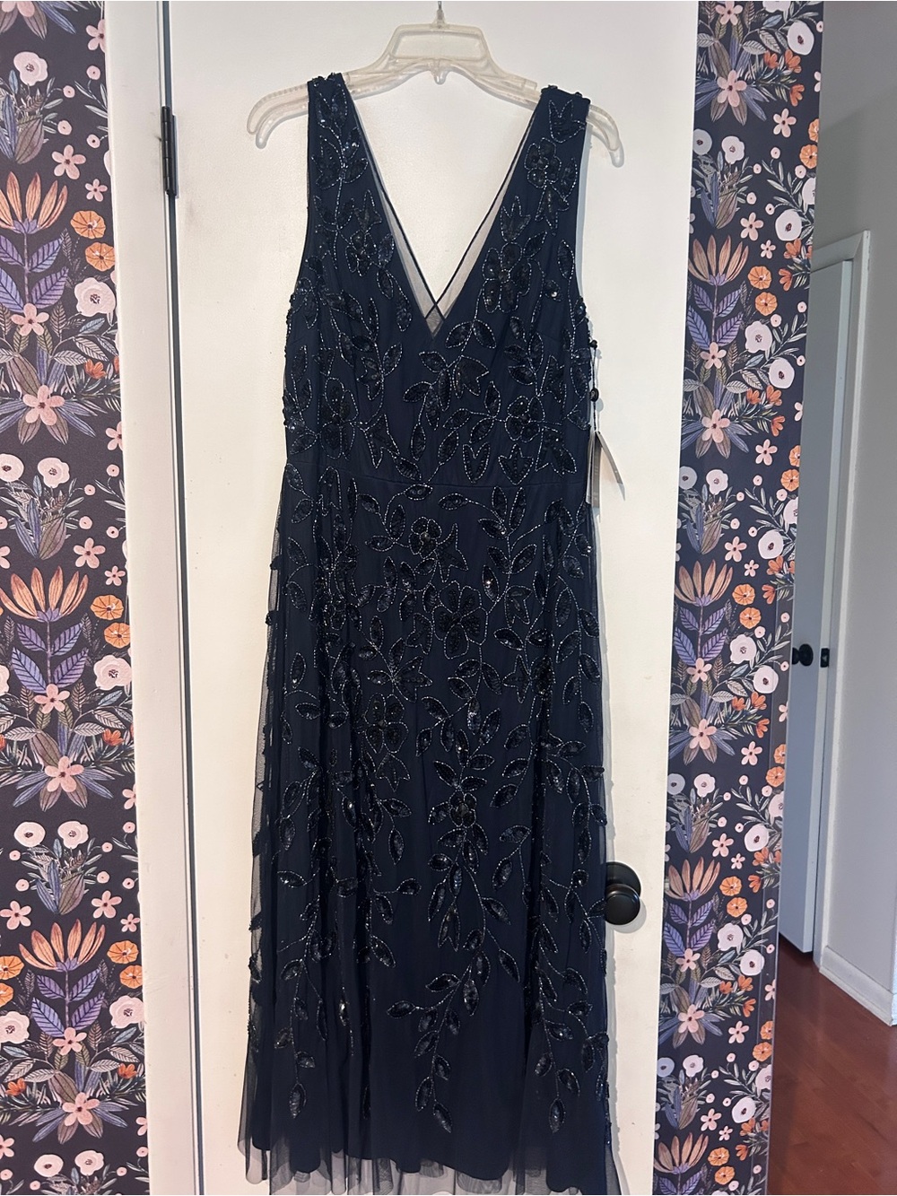 Adriana Papell Beaded Navy V-Neck Evening Dress
